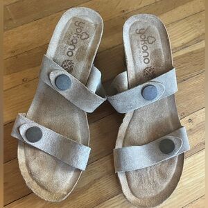 Yokono minimalist cork wedge heels sandals Coachella suede beige leather sock 8